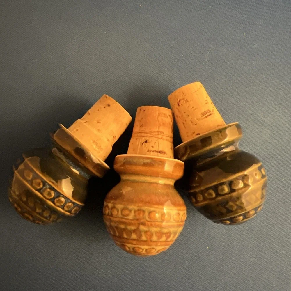 Set of 3 Vintage Ceramic/Porcelain Bottle Stoppers Blue And Sand Colors